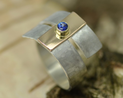 Ring zilver met saffier, roodgoud blauwe Sri Lanka-safiier rood-wit-blauw