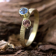 Ring saffier, twee saffieren, blauwe saffier, bruine saffier, geelgoud, gouden ring, handgemaakt, gehamerd, LYAM edelsmeden, edelsmid, unieke ring